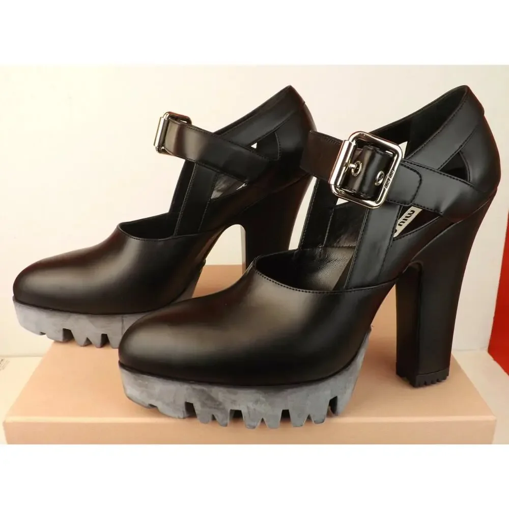 NIB MIU MIU PRADA 5IP454 BLACK LEATHER BELTED LUG SOLE PUMPS SANDALS 40 - Picture 5 of 9